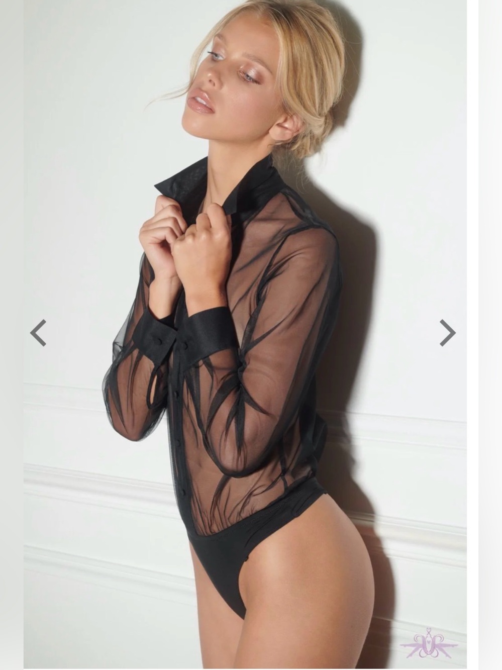 Sheer Black Long-Sleeve Button-Front Bodysuit